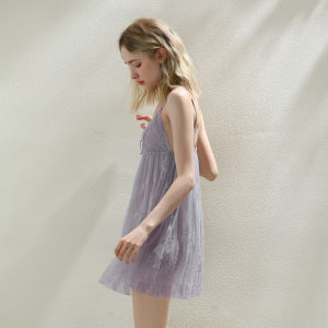 XEXZ | XEXZ Pure Desire Lace V-neck Chemise Nightgown Midi Skirt Sleepwear Home Clothes Light Purple Mesh Strap Home Fashion Spring