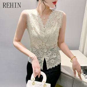 REHIN Fashion V-neck lace undershirt Slim thin versatile sleeveless T-shirt trendy womens top