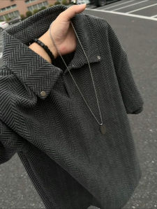 CHENMU | Dark Gray Seagull Collar Short Sleeve Summer Boxy Fit High Quality Herringbone Pattern Polo Shirt