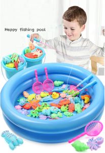 Kids Magnetic Fishing Toy Set with Inflatable Pool Outdoor Fun Game Water Toy for Child Playing Water Baby Bath Toys Fishing rod