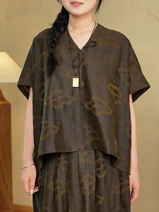 QINGNAER | Large Size Retro Printed Loose Fit Blouse