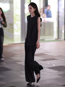 Summer New Style French Salt Series Ageless Sleeveless Slit Top Women High Waist Wide Leg Casual Pants Two Piece Set