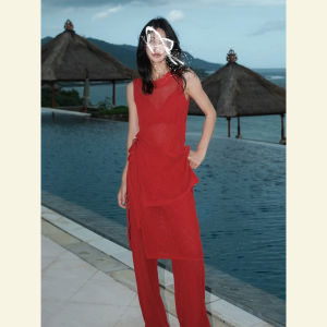 SHANGSHA | Stylish Boss Lady Red Hollow-out Vest Set