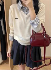 สไตล์เกาหลี ลายสก็อต เสื้อเชิ้ตแขนยาว ตัวอักษร งานปัก หลวม เสื้อสเวตเตอร์ถัก แฟชั่นผู้หญิง ฤดูใบไม้ร่วง ฤดูหนาว ประเภทท่อตรง