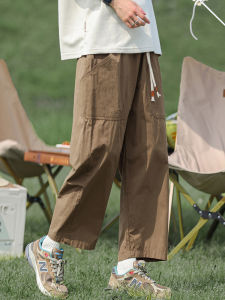 Quần Dài Công Sở Cotton Nguyên Chất Màu Nâu Phong Cách Nhật Bản Cho Nam Mùa Xuân Hè Quần Dài Ống Rộng Chín Điểm Quần Dài Thường Ngày Cho Thanh Thiếu Niên