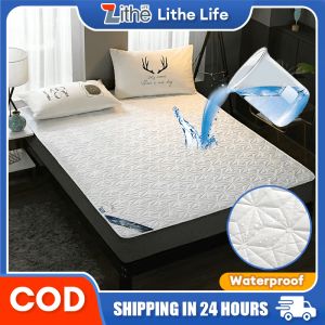 【Premium】100% Waterproof Mattress Pad Mattress Cover Fitted Bed Sheet Mattress Protector Solid Color Bed Toppers Elastic Band Bedspread-(Single/Double/Queen/King)