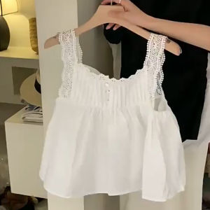 เสื้อชั้นในแขนสั้นสไตล์ฝรั่งเศสสำหรับผู้หญิงไซส์ใหญ่ในช่วงฤดูร้อน ทรงตรง สไตล์เกาหลี ผ้าฝ้ายผสมคอเหลี่ยม ความยาวปกติ