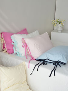 June Rain White A-Class Knitted Pure Cotton Pillowcase Single Pillow with Bow Knot Fastener Solid Color Pink Blue Bedding