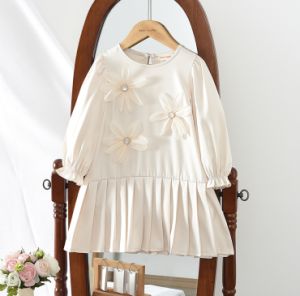 Bear Leader Beige 3D Flower Patchwork Hem Pleated Princess Dress Autumn Fashion Solid Color Long Sleeved Girls Dresses