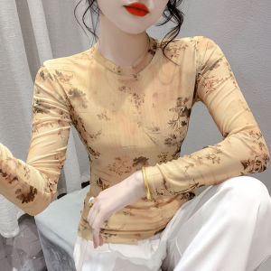 REHIN Autumn/Winter New Fashion Mesh Printed Long Sleeve T-shirt Round Neck Slim Fit Base Layer Floral Womens Top