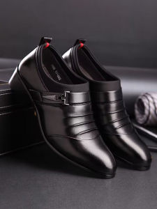 Plover Mens Business Formal Shoes Spring Autumn Leather Pointed Toe mid Heel Heightening Dad Shoes Comfortable Rubber Sole