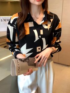 Tianshun Womens Black Long sleeved Chiffon Printed Top OL Workwear Casual Korean Fashion Shirt