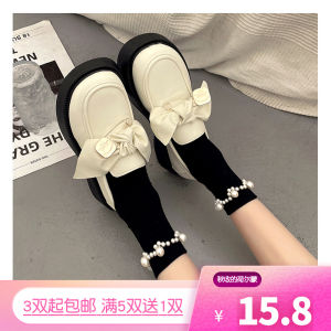 ถุงเท้าผู้หญิงทรงบางสีดำ ครึ่งแข้ง ขอบลูกปัด ทรงลำลอง สไตล์วิทยาลัย ฤดูร้อน รองเท้า Loafers ถุงเท้าผู้หญิงสไตล์ญี่ปุ่นย้อนยุค