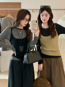 Korean Style Autumn Fashion Knitted Layering Two-Piece Set Womens Casual Wear Long Sleeve round Neck Top Bottom Ensemble