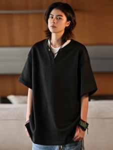 Loose Casual Half Sleeve T-Shirt Mens Style Retro Henry Collar Fake Two-Piece Short Sleeve Top Polyester Fiber Summer Wear