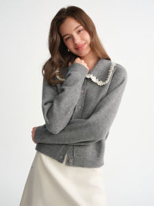 DUSHU | Floral Embroidery Lace Trim Oversized Sweater Knit Cardigan