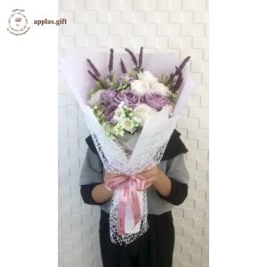 Bouquet Bunga White & Purple Rose Artificial Hand Buket