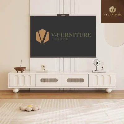 Kệ TV phòng khách CALIBARN cốt gỗ MDF kết hợp kính sóng với chân bi gỗ tròn sang trọng hiện đại KT-07