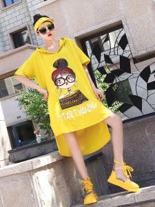 Wide Loose Slimming Short Sleeve Hooded Pullover for Women Korean Style Printed Backless Mid Length Dress T-shirt