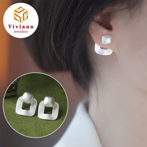 Viviann Original Design S925 Sterling Silver Geometric Square Earrings Advanced Silver Frosted Earrings 925 Sterling Silver Stud Earrings For Women Earring Wedding Engagement Bridal Jewelry Gift