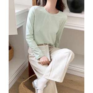 เสื้อยืดแขนสั้นผู้หญิง ทรงหลวม แขนยาว ลำลอง สีพื้น คอกลม ผ้าคอตตอนผสม เสื้อชั้นในสำหรับฤดูใบไม้ร่วง