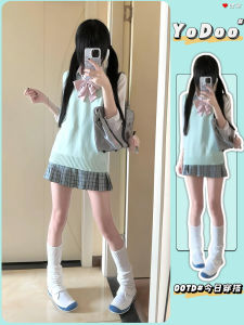 เสื้อกั๊กสเวตเตอร์ถักแขนกุดคอวีสไตล์ญี่ปุ่นสำหรับผู้หญิง เสื้อคลุมกันหนาวแบบสวมหัว ปกติ โพลีเอสเตอร์ สีมิ้นต์ ฤดูใบไม้ผลิและฤดูใบไม้ร่วง