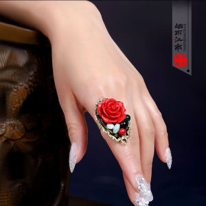 Red Rose Wind Ring Finger Extensive Large Vintage Ethnic Style Decorations for Women Pearl Mother of Pearl Alloy Embedded