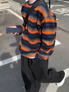 DAVID&ME | Orange Stripe Round Neck Contrast Color Japanese Style Loose Fleece Long Sleeve T-Shirt