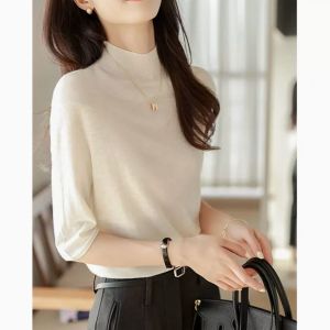 Slim Fit Half High Collar Knitted Top Ice Silk Thin Short Sleeve Womens Inner Wear Polyester Fiber Commute Style Summer Basic Shirt