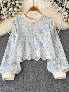 French Vintage round Neck Lace Splicing Long Sleeve Sweatshirt Womens Design Short Top Korean Style Loose Fit Embroidered Lantern Sleeve
