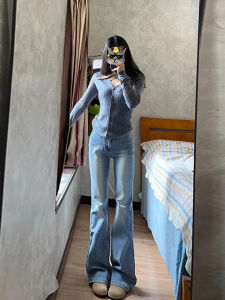 High Waist Extended American Retro Flared Denim Jeans Women Spring Autumn Slimming Elastic Floor Length Bell Bottoms