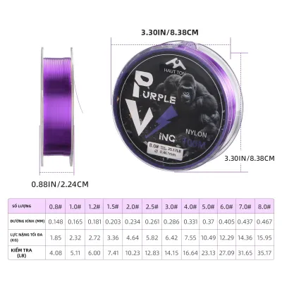 Dây Câu Cá Nylon HAUT TON 100M Siêu Bền Sợi Đơn 0.8 # -8.0 # Dây Câu Phủ Fluorocarbon Màu Tím Dùng Cho Biển Sông Hồ