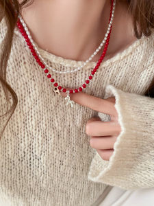 Red Lotus Pearl Necklace Womens Unique Design Beaded Pendant Clavicle Chain Fashion Jewelry Accessory Korean Style Geometry