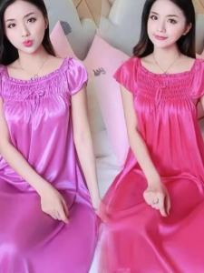 ชุดนอนผู้หญิงแขนสั้นผ้าไหมน้ำแข็งฤดูร้อน ชุดนอนยาว ชุดลำลอง เดรสยาวเซ็กซี่ ชุดราตรี สไตล์เกาหลี ขนาดใหญ่