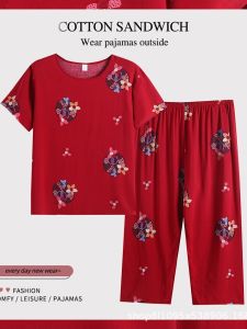 Grandma Summer Wear Suit Elderly Ladieswear Two-piece Set Middle-Aged and Elderly Womens Clothing Thin Top Women Cotton Silk Short Sleeve Clothes