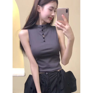 chaqi | Chic High Collar Sleeveless Short Vest Slim Fit Unique Base Layer T-Shirt For Women Trendy Commute Style Solid Color Casual Wear