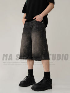 Mens Casual Loose Fit Denim Shorts mid Waist Washed Summer New Style 7/8 Length Torn Jeans Cotton Polyester Blend