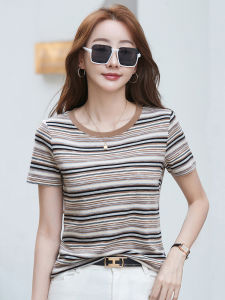 Colorful Striped Short Sleeve T-Shirt Women Loose Fashionable Summer Cotton Polyester Blend round Neck Top for Younger Look