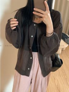 Womens round Neck Lantern Sleeve Sun Protection Shirt Casual Loose Fit Long Sleeve Cotton Blend Top New Summer Style