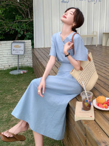 Blue Waist-Cinching Belted Dress Womens Summer 2025 New Light Maturity V-neck Goddess Style Long A-line Skirt Korean Version