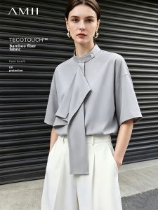 AMII | Stand Collar Ruffle Loose Drop Shoulder Sleeve Womens Shirt