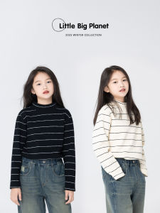 Thickened Fleece Long Sleeve Stripe Base Shirt for Boys And Girls Warm Top Cotton Blend Knittedwear Winter Childrens Clothing