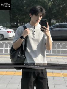 YOULIN | Patched American Style Henry Collar T-shirt