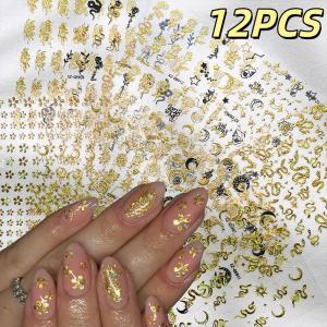 12Pcs Laser Gold Snake Star Moon Sun Nail Stickers 3D Vintage Rose Flower Butterfly Nails Decals Self-Adhesive Manicure Sticker