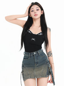 กระโปรงยีนส์ทรงเอเอวสูง กระโปรงสั้นผ่าข้างสไตล์อเมริกันสำหรับผู้หญิง ฤดูใบไม้ผลิและฤดูร้อน กระโปรงสั้นทรงเอเข้ารูปสีผสม