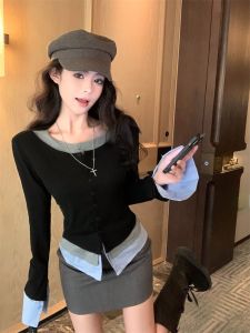 GUZILIAN | Spring New Style Pure Desire Spicy Girl Base Layer Shirt Color Block Fake Three Pieces Ribbed Splice Knitted Cardigan Women