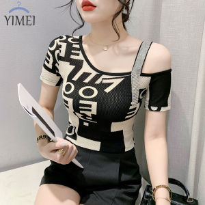 Yimei Áo thun hở vai cổ chéo thời trang mùa hè 2023 Kim Cương Phong cách mới Áo thun nữ in ôm vừa tay ngắn áo lưới
