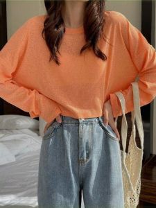 หลวม Ice ผ้าไหม เสื้อเบส ผู้หญิง สไตล์ใหม่ ลดอายุ แบบสั้น ตาข่าย ชุดคลุมป้องกันแสงแดด เสื้อท่อนบน เสื้อยืดแขนยาวแบบบาง พลัสไซส์