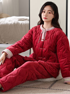 New Chinese Style Womens Winter Sleepwear Coral Fleece Thickened Three-layer Cotton Padded Special Thick Cotton Coat Red Home Clothes Set