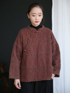 เสื้อผ้าผู้หญิงผ้าฝ้ายผสมผ้าลินินออกแบบเองสำหรับฤดูใบไม้ร่วงและฤดูหนาวเสื้อโค้ทผ้าฝ้ายพิมพ์ลายกระดุมจีนแนวทแยงสไตล์ชนเผ่าจีนแบบใหม่ย้อนยุคแนวอาร์ตๆเสื้อโค้ทผ้าฝ้าย